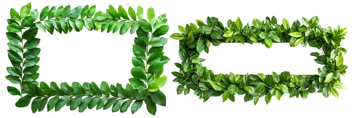 Naklejka premium Set of a frame made of green leaves, isolated on a transparent background.