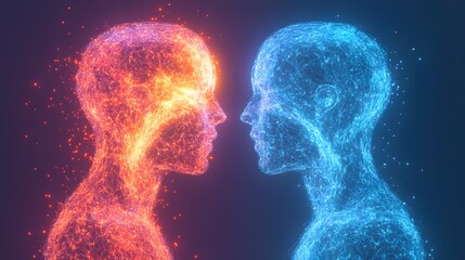 Two abstract human figures connected by a glowing bond, symbolizing unity and connection in a minimalist design