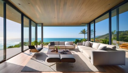 Fototapeta premium Modern oceanfront home with a sleek interior. Floor-to-ceiling windows showcase panoramic coastal views, blending luxurious living with natural beauty. Contemporary furniture complements the clean