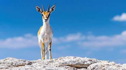 graceful antelope stands alert on rocky outcrop, scanning its surroundings