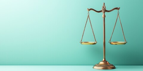 A classic balancing scale against a teal background, symbolizing justice, fairness, and legal proceedings.