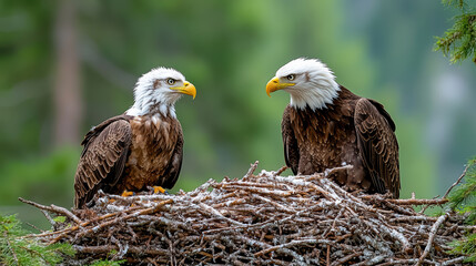 Eagles interacting in lush green environment, showcasing their bond
