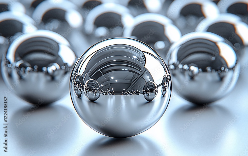 Poster chrome spheres, reflecting light, in a shallow depth of field.