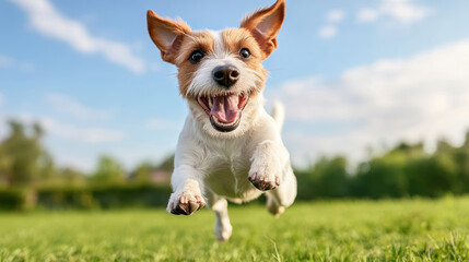 Energetic dog jumping happily in green field under sunny sky