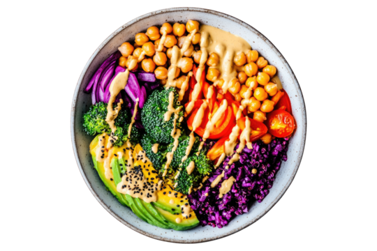 Buddha bowl with chickpeas, avocado, broccoli, red cabbage and tahini dressing isolated on white or transparent, PNG