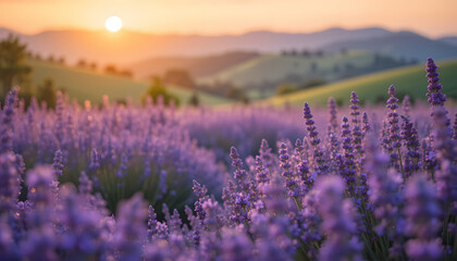 Fototapeta premium Vibrant lavender field at sunrise, rolling hills.