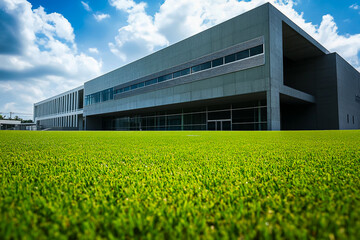 Obraz premium A panoramic view of a contemporary brick high school building surrounded by green grass fields.