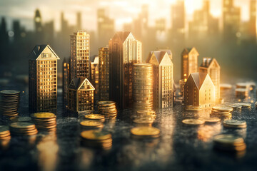 Gold miniature buildings with coins, symbolizing real estate wealth, investment, urban economic success, and property value growth.