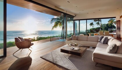 Fototapeta premium Modern oceanfront home with a sleek interior. Floor-to-ceiling windows showcase panoramic coastal views, blending luxurious living with natural beauty. Contemporary furniture complements the clean