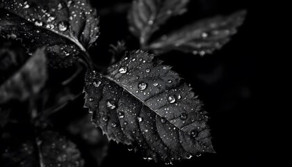 Dramatic Black and White Dew Drops on Leaf Photography