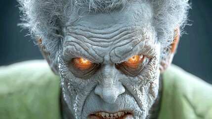 Glaring elderly zombie close-up, horror film still