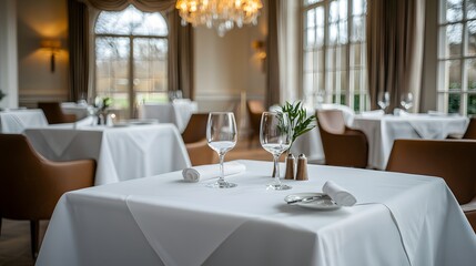 Fototapeta premium Elegant Interior of a Luxurious Dining Space with Fine Table Setting and Exquisite Chandelier