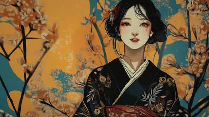 Fototapeta premium 幻想的な着物美人｜伝統とモダンが融合した和風アート