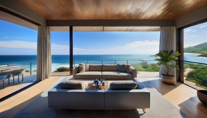 Fototapeta premium Modern oceanfront home with a sleek interior. Floor-to-ceiling windows showcase panoramic coastal views, blending luxurious living with natural beauty. Contemporary furniture complements the clean