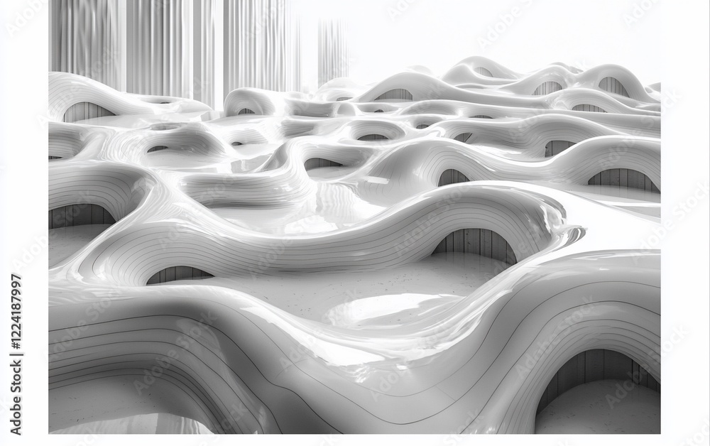 Poster abstract white architectural rendering of flowing, organic forms.