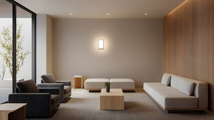 Fototapeta premium Minimalist Hotel Lounge with Clean Lines and Neutral Tones for Modern Relaxation and Comfort