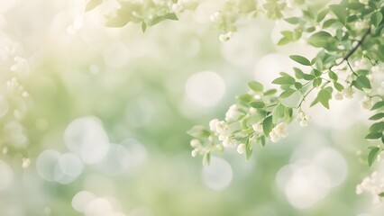 Obraz premium Soft focus image of delicate white blossoms and green leaves on a blurred spring background.