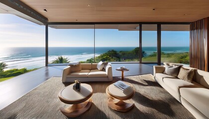 Modern oceanfront home with a sleek interior. Floor-to-ceiling windows showcase panoramic coastal views, blending luxurious living with natural beauty. Contemporary furniture complements the clean
