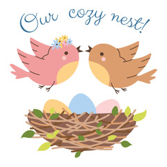 Nesting birds, couple, eggs, vector illustration. Nesting party. Easter holidays. Spring, leaves, cozy nest. Flat vector style