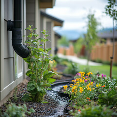 Water pipe draining water into garden with flowers.