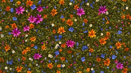 Seamless vibrant floral pattern featuring orange, pink, and blue wildflowers in a lush green meadow.