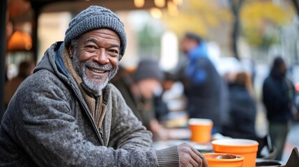 A homeless man smiles warmly while enjoying a meal at an outdoor food distribution event. The scene captures kindness, community support, and hope in a challenging situation