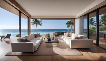 Fototapeta premium Modern oceanfront home with a sleek interior. Floor-to-ceiling windows showcase panoramic coastal views, blending luxurious living with natural beauty. Contemporary furniture complements the clean