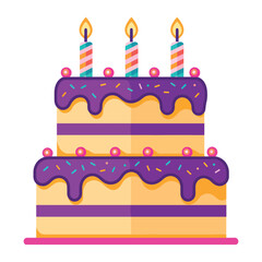 Cute birthday cake vector illustration. Adorable layered cake with candles, for party decorations, greeting cards, and celebration designs.