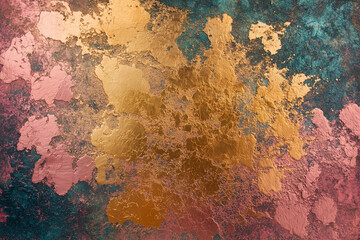 wall with gold and blue paint splatters. The wall is covered in gold and blue paint, with some areas of the wall being more blue than gold. The splatters of paint give the wall a textured