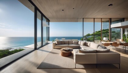Fototapeta premium Modern oceanfront home with a sleek interior. Floor-to-ceiling windows showcase panoramic coastal views, blending luxurious living with natural beauty. Contemporary furniture complements the clean