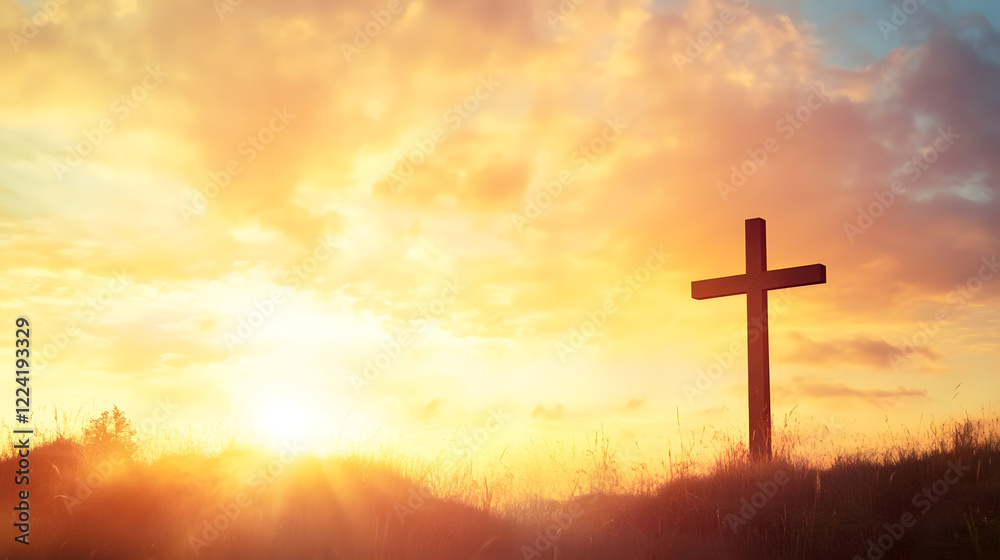 Poster sunset through cross silhouette spirituality symbol in serene open field landscape : generative ai