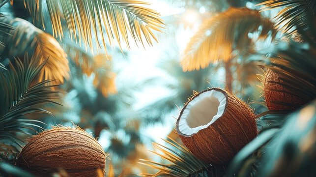 Tropical Coconut Grove, Sunlit, Open Coconut, Background Blur, Product Display