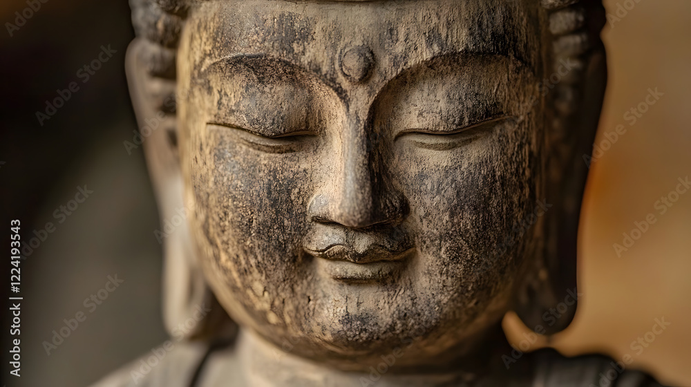 Poster close-up of stone buddha face featuring calm and peaceful expression : generative ai