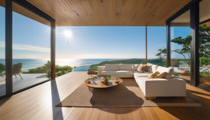 Fototapeta premium Modern oceanfront home with a sleek interior. Floor-to-ceiling windows showcase panoramic coastal views, blending luxurious living with natural beauty. Contemporary furniture complements the clean