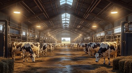 Cows in a large barn eating hay.
