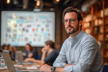 Fototapeta premium A focused man sits at a conference table, attentively engaging in a meeting with a presentation displayed behind him.