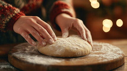 Obraz premium Close-up of hands kneading dough on a wooden board, surrounded by a cozy atmosphere with festive lighting in the background emphasizing warmth and the traditional art of baking during holiday seasons