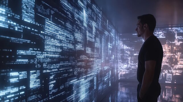 A man stands in front of a wall covered in illuminated digital code and patterns