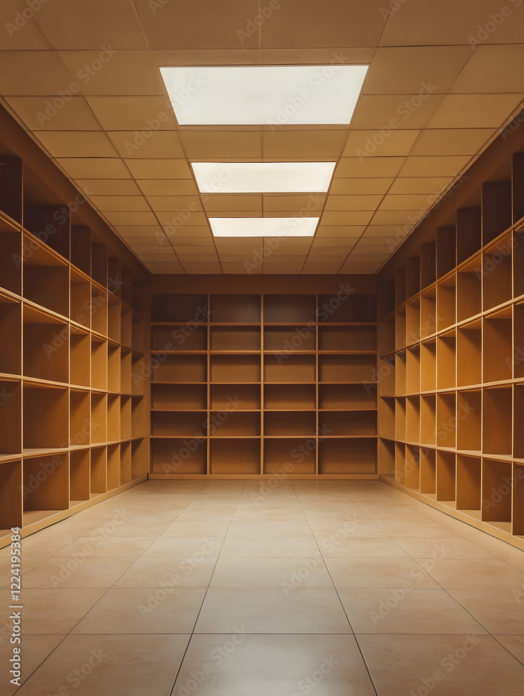 Poster library storage room with elegant shelving and overhead lighting in a modern design : generative ai