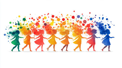 Fototapeta premium Artistic representation of girls in vivid, rainbow-colored silhouettes with splashes, ideal to symbolize creativity, vibrancy, and individuality.