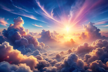 Vibrant sunrise above fluffy clouds.