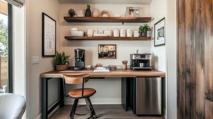 Modern workspace with shelves, plants, and coffee station for productivity and comfort.