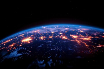 Obraz premium A stunning view of Earth from space, showcasing vibrant city lights against a dark backdrop, highlighting the planet's beauty and technological connectivity.
