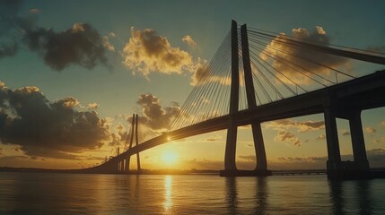 Obraz premium Sunset Cable-stayed Bridge Silhouette over River