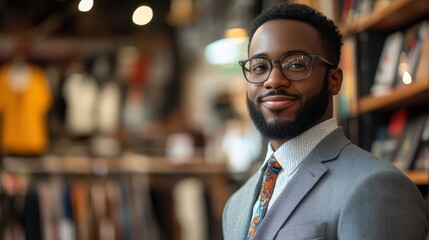 Obraz premium A stylish man in a gray suit and glasses smiles confidently in a boutique, surrounded by fashion items on display.