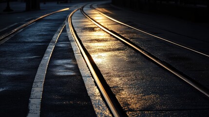Reflections on wet tram tracks during sunset, creating a serene urban atmosphere.