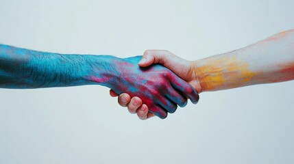 Colorful Hands Shaking with Paint on Skin Representing Unity and Diversity