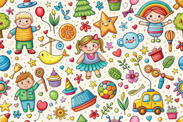 Colorful seamless pattern with kids, toys, and cheerful elements. (1)