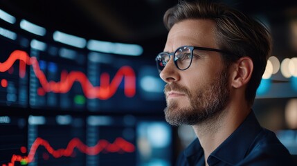 A focused professional analyzes financial data on digital screens displaying fluctuating graphs and trends.