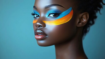 A vibrant young woman with colorful face paint, perfect for Black History Month celebrations, art promotions, and social media campaigns highlighting creativity and diversity.